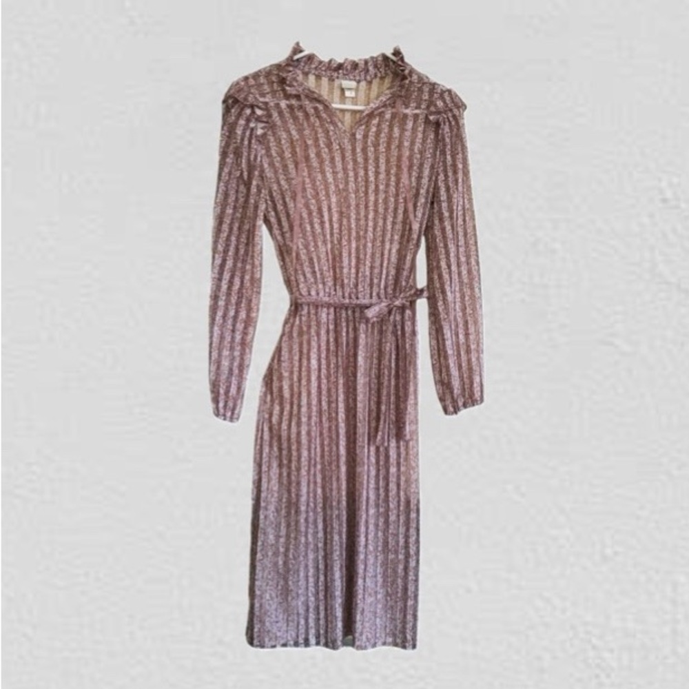 Vintage ILGWU Union Made Sheer Pleated Floral Belted Dress EUC Feminine